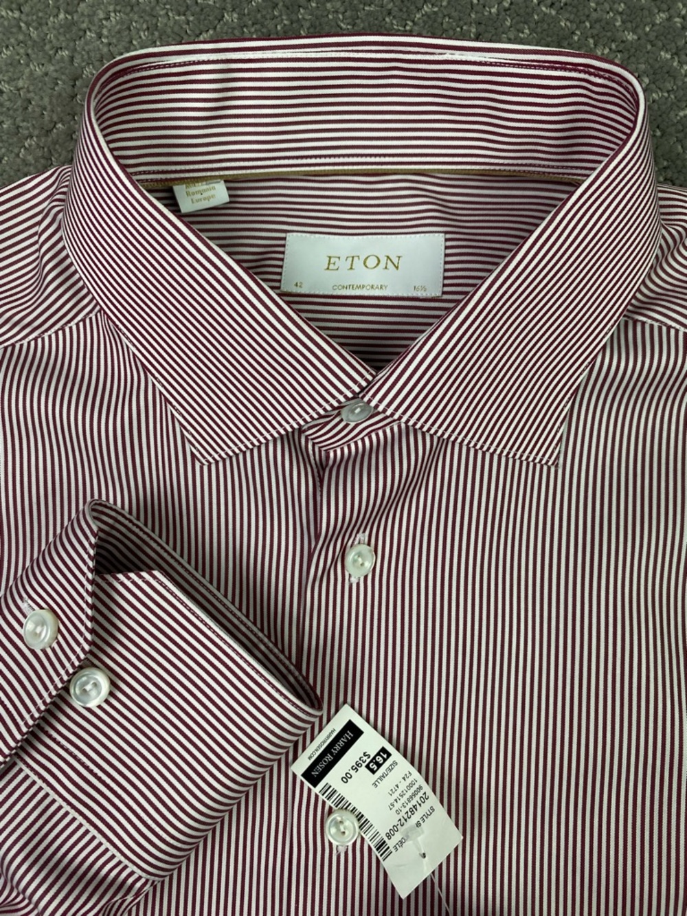 Eton Contemporary Shirt Men's 42  16.5 Red White Stripe Button Up Dress Shirt